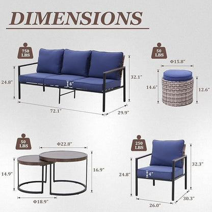 COOS BAY Sand Dune 5 Piece Wicker Patio Furniture Set, Rattan Outdoor Furniture with Nesting Tables, Chairs, Couch, Coffee Tables, and Ottoman, Brown/Blue