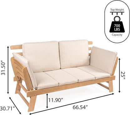 JONATHAN Y SFB1000A Hartley 2-Seat Modern Scandinavian Folding Wood Outdoor Day Bed Sofa Mid-Century, Classic, Transitional, Industrial for Backyard, Patio, Porch, Beige/Light Teak