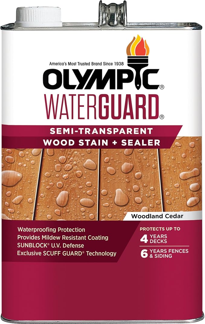 Olympic WaterGuard 1 gal Woodland Cedar Wood Stain & Sealer | Water-Based Deck, Fence & Siding Stain, Waterproofing UV, Semi-Transparent