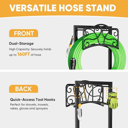 Heavy-Duty Garden Hose Holder with Tool Hooks and Stable Base, Metal Hose Hanger Garden Hose Storage Holds 160Ft, Rustproof Freestanding Water Hose Holder for Outside, Yard, Lawn, Farm