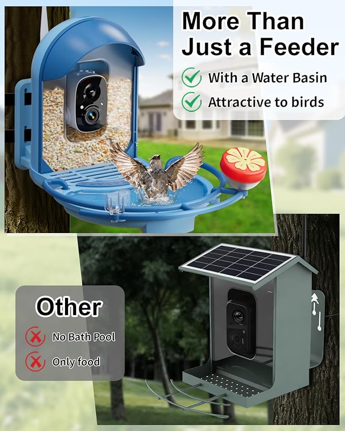 Bird Feeder with Camera, Smart Birdfeeder with Cam Solar Powered, 2K HD Video, AI Identification, Instant Arrival Alerts, IP66 Bird Bath & Feeder,Gift for BirdLover (with BirdBath, Blue)