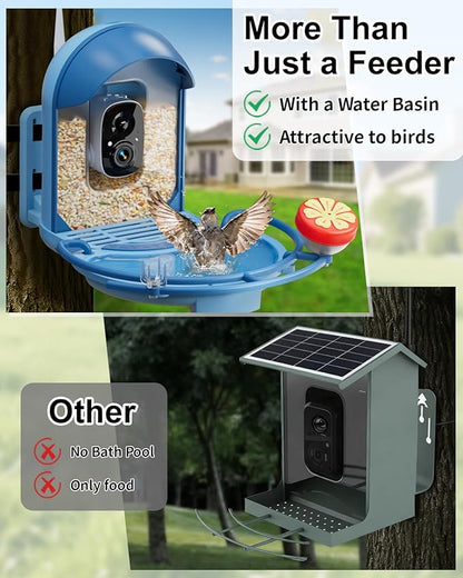 Bird Feeder with Camera, Smart Birdfeeder with Cam Solar Powered, 2K HD Video, AI Identification, Instant Arrival Alerts, IP66 Bird Bath & Feeder,Gift for BirdLover (with BirdBath, Blue)