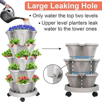 GameXcel Vertical Planter Tower- 5 Tier Stackable Garden Planter with Wheels and Tool Set – Grow Strawberries Herbs Flowers and Vegetables - Indoor Outdoor Use Gray