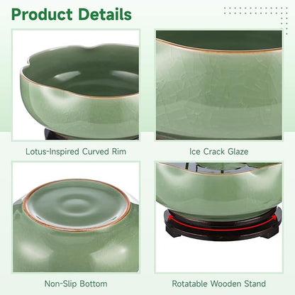 Ceramic Lotus Bowl Planter with Wood Tray, 7.8 in Green Water Lily Planter Pot, Hole Free Hydroponic Bowl, Ice Crack Glaze Flower Bowl for Lotus, Aquatic Plants, Bonsai, Desk Decor