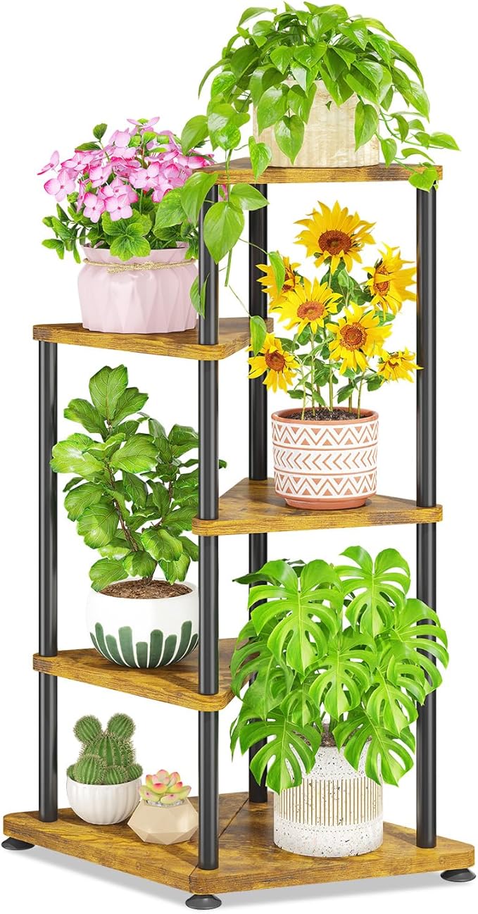 LASZOLA 4 Tier Tall Wood Plant Stand Indoor, Heavy Duty Corner Plant Rack for Large Planters, Multi Level Vertical Metal Flower Holder Display Shelf for Living Room Patio Balcony Garden, Rustic Brown