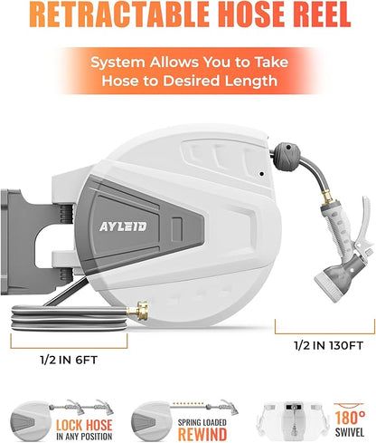 Ayleid Retractable Rubber Hybrid Garden Hose Reel, 1/2"x130ft Wall Mount | Anti-freeze, kink-free premium rubber hybrid hose, 24-month warranty, 9-pattern sprayer, any-length lock, slow auto-return.