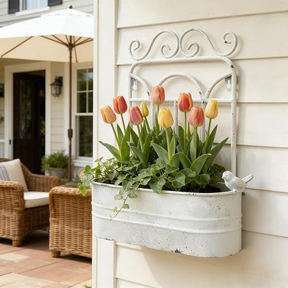 Rustic Metal Wall Planter Country Garden Wall Hanging Mount Vase Pocket Outdoor Vintage Hanging Pot Farmhouse Wall Decor for Plants Flowers (White)