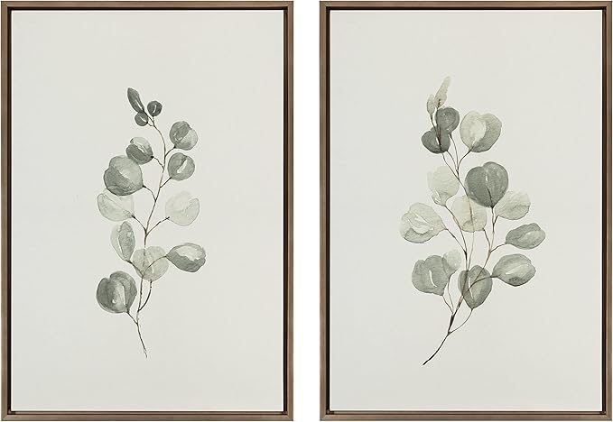 Kate and Laurel Sylvie Eucalyptus 4a & Eucalyptus 4b Framed Canvas Wall Art Set by Maja Mitrovic of Makes My Day Happy, 2 Piece 23x33 Gray, Simple Plant Art Set Wall Décor