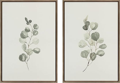 Kate and Laurel Sylvie Eucalyptus 4a & Eucalyptus 4b Framed Canvas Wall Art Set by Maja Mitrovic of Makes My Day Happy, 2 Piece 23x33 Gray, Simple Plant Art Set Wall Décor