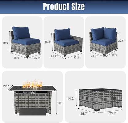 Aoxun 13 Pieces Patio Furniture Set with 44” Fire Pit Table Wicker Rattan Outdoor Sectional Conversation Set with Coffee Table and 4” Thickened Cushions, Gray/Blue(Waterproof Cover Included)