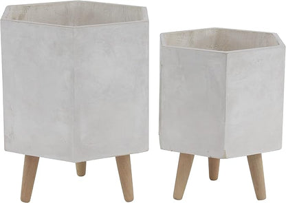 CosmoLiving by Cosmopolitan Magnesium Oxide Geometric Indoor Outdoor Planter Hexagon Large Planter Pot with Brown Wooden Legs, Set of 2 Planters 15", 17"H, White