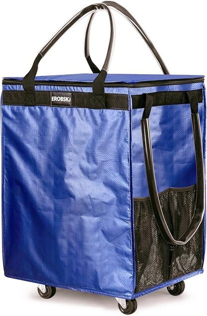 (Medium, Navy) Reusable Grocery Bag on Wheels, 70L Foldable Rolling Tote, Carries Up to 66 lbs Shopping Trolley, Zipper Clouser Shopping Carts for Trips, Laundry, 4 Heavy Duty Wheels and 3 Handles | Bag on Wheels, Foldable