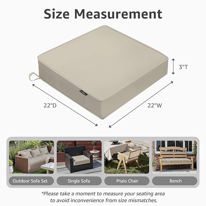 PatioGlow Outdoor Chair Cushions 22 x 22 x 3 Inch, Waterproof & Fade Resistant Patio Seat Cushion for Furniture with Handle and Ties, Thick Seating Pads for Outside Sofa Couch Set of 2, Cream