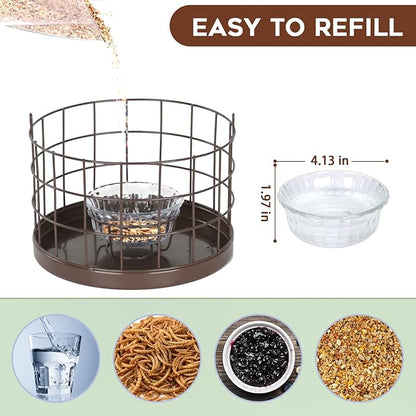 Gbekery Caged Bluebird Feeder for Mealworms with Glass Bowl, Squirrel Proof Bird Feeder for Small Birds Only, Detachable Hook, Large Space, Outdoors Weatherproof, Metal, Brown