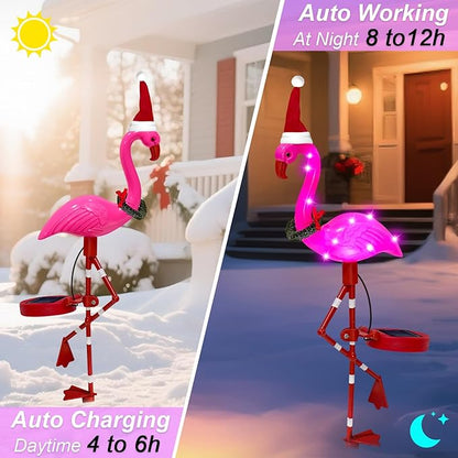 Solar Outdoor Lights Christmas Decor, Solar Xmas Flamingo Lights Waterproof Garden Decor, Flamingo Stake Lights for Yard Pathway Patio Festive Decoration-2 Pack