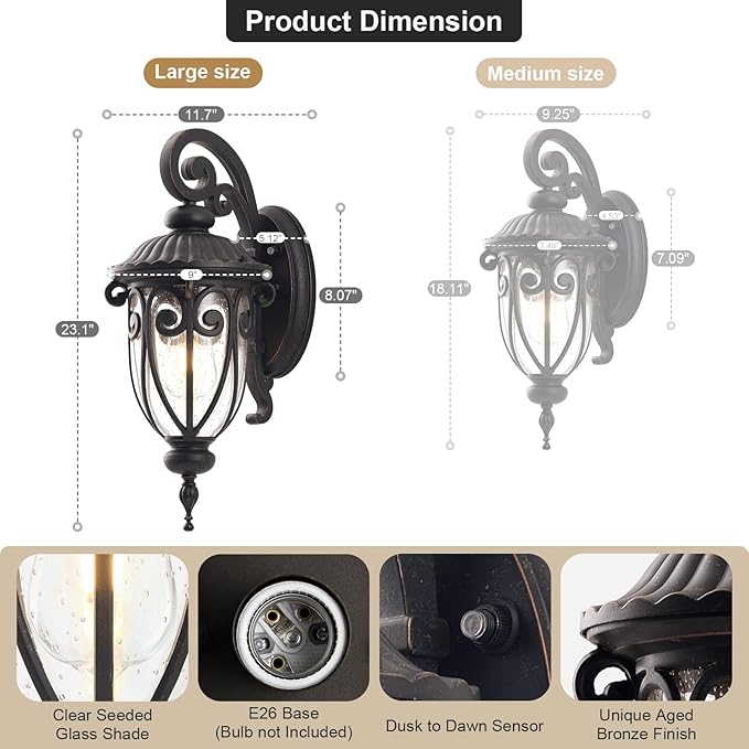 Large Dusk to Dawn Outdoor Wall Light for Garage, 23 Inch Bronze Exterior Wall Lantern Sconce for Porch, Waterproof Aluminium Light Fxitures for Outside House, Entryway, Front Door