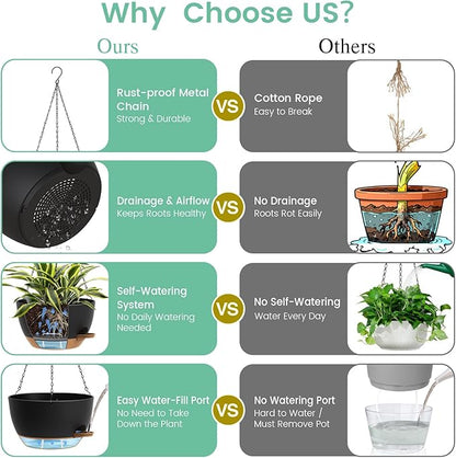 UOUZ 4 Pack 8 Inch Self Watering Hanging Planters for Indoor Outdoor Plants，Hanging Pots for Plants with Drainage Removable Tray, Hanging Baskets Flower Pots for Pothos Spider Garden Black with Brown