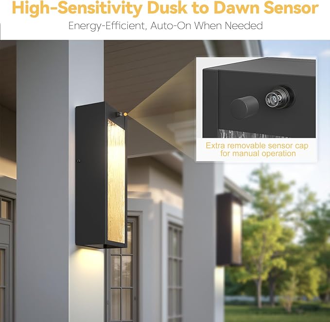 Dusk to Dawn LED Outdoor Wall Light Fixtures, 15in Exterior Black Waterproof Outdoor Lighting, Large Modern Water Ripple Porch Sconces Wall Mounted Outside Lantern for Garage Front Door(2 Pack)