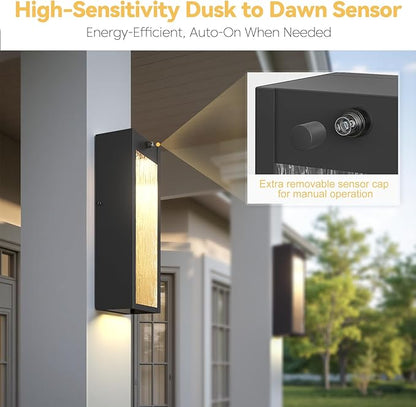 Dusk to Dawn LED Outdoor Wall Light Fixtures, 15in Exterior Black Waterproof Outdoor Lighting, Large Modern Water Ripple Porch Sconces Wall Mounted Outside Lantern for Garage Front Door(2 Pack)