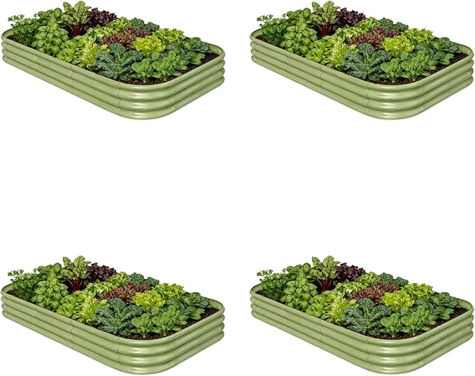 4-Pack Galvanized Raised Garden Bed 8x4x1 | 10x2x1 ft, 12" Tall Metal Planter Box for Outdoor Plants, Modular Raised Flower Bed Rust Resistant Coating, Long Planter for Vegetable - Moss Green