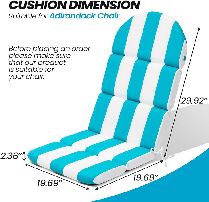 Crestlive 50x19.6 Inch Adirondack Chair Cushion Set of 2, Water Repellent, Fade Resistant, High Back Outdoor Rocking Chair Cushion for Patio, Blue Stripe