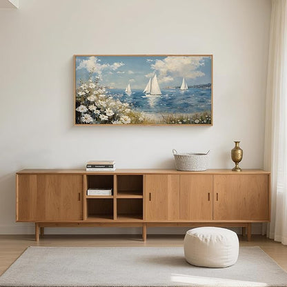 FWIEXA Coastal Wildflower Canvas Wall Art Framed, Ocean Sailboats Pictures Wall Decor, Beach Flower Seascape Painting, Blue Sky 20x40In Artwork for Living Room, Bedroom, Bathroom, Rustic Farmhouse