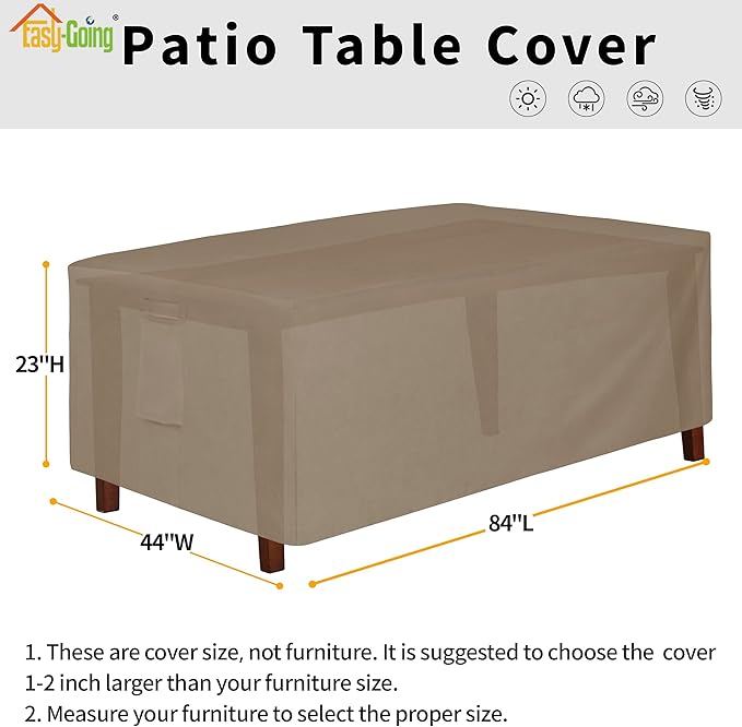 Easy-Going 600D Heavy Duty Rectangular Table Cover UV Resistant and Waterproof Outdoor Lawn Patio Furniture Cover (84" Lx44 Wx23 H, Camel)