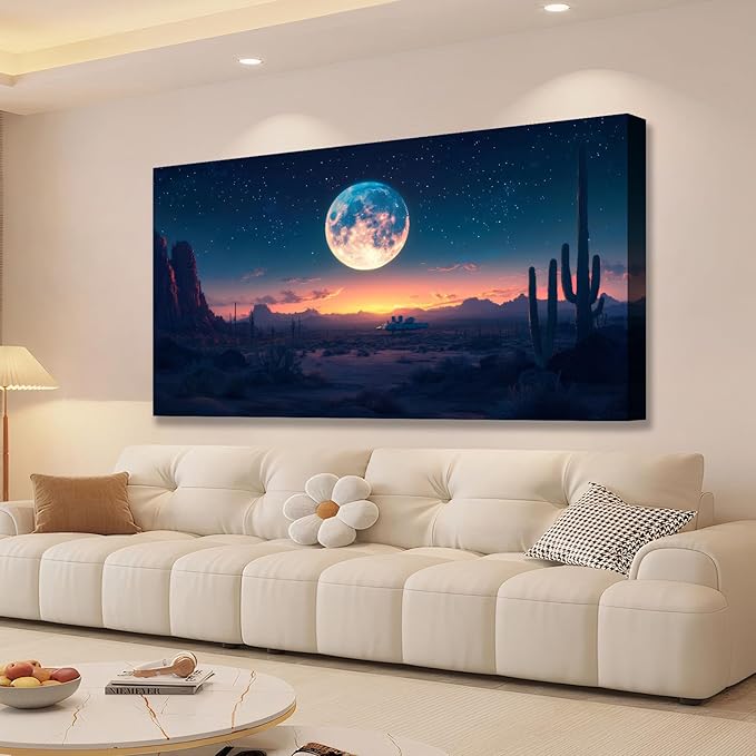 JLXART Moon Desert Night Western Wall Decor Boho Cactus Canvas Prints Nature Paintings Modern Mountain Poster Pictures For Living Room 20X40inch