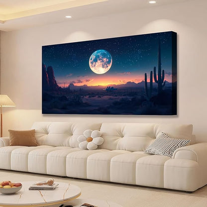JLXART Moon Desert Night Western Wall Decor Boho Cactus Canvas Prints Nature Paintings Modern Mountain Poster Pictures For Living Room 20X40inch