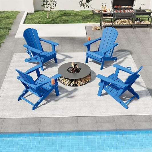 Folding Adirondack Chairs with Cup Holders, Set of 4 HDPE Plastic Outdoor Chairs, Weather Resistant, Real Wood Look, Heavy-Duty Patio Furniture for Deck, Fire Pit, Backyard, Blue