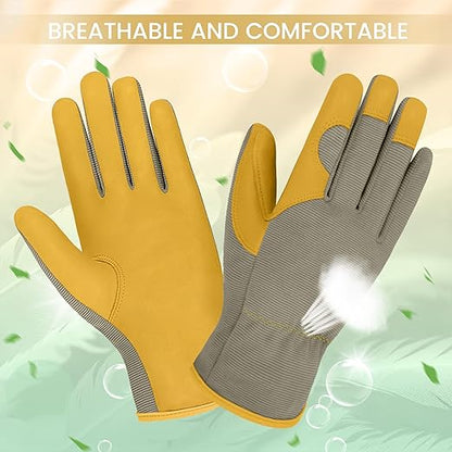 Gardening Gloves, Garden Gloves for Women and Men, Thorn Proof Working Gloves, Durable Leather Work Garden Gloves for Yard & Outdoor Work, Golden, M