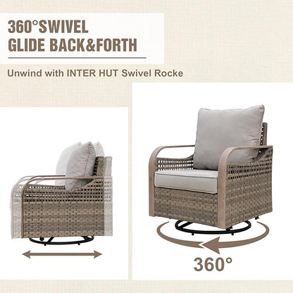 Modern Wicker Patio Furniture Set, Rattan Outdoor Conversation Set with Comfortable Cushions, 2 Swivel Rocking Chairs, 3 Seat Couch, 2 Ottomans and Coffee Table, 6 Pieces, Brown/Gray