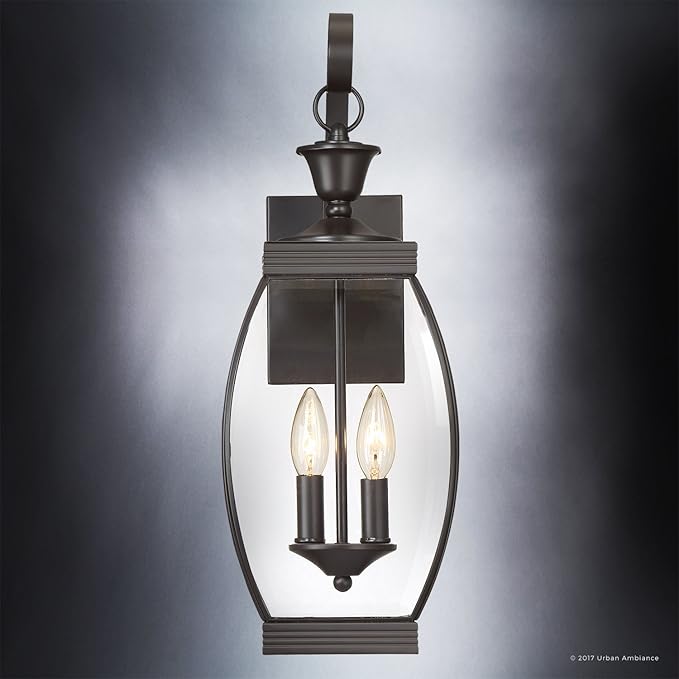 Urban Ambiance Luxury Colonial Outdoor Wall Light, Large Size: 21" H x 7.5" W, with Transitional Style Elements, Bowed Design, Gorgeous Dark Medieval Bronze Finish and Beveled Glass, UQL1171