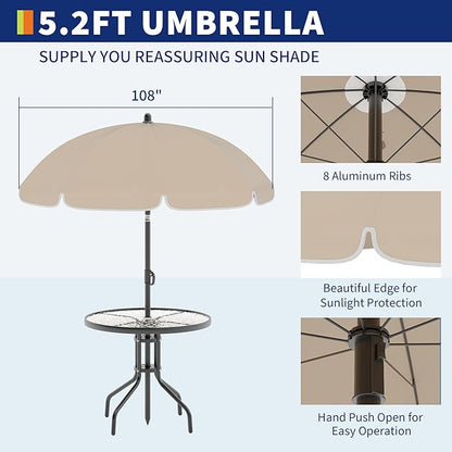 Outdoor Dining Set With Umbrella, Tempered Glass Top Dining Table and 4 Folding Chairs With Umbrella, 6 Pieces Garden Patio Furniture Set for Garden and Backyard