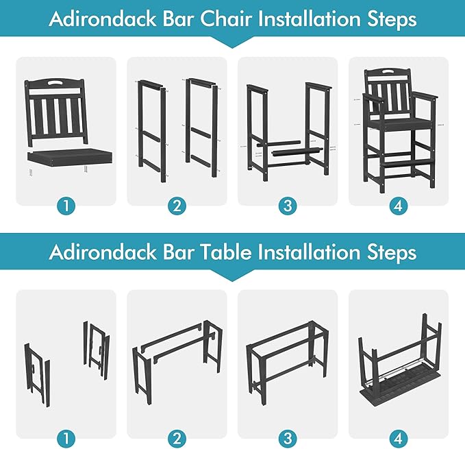 Ciokea Heavy-Duty Outdoor Bar Set, Rectangle High Top Table and 2 Oversized Adirondack Chairs Set, HDPE Modern Patio Bar Set for Outside Bistro Backyard Balcony Deck Outside, Black