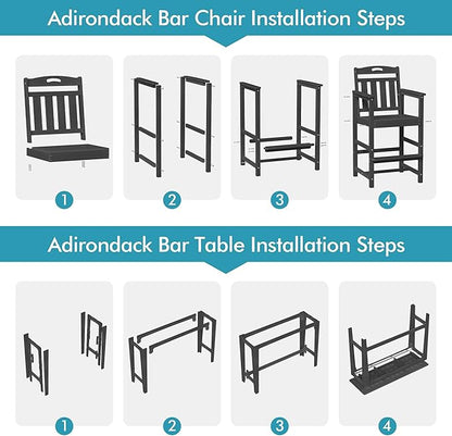 Ciokea Heavy-Duty Outdoor Bar Set, Rectangle High Top Table and 2 Oversized Adirondack Chairs Set, HDPE Modern Patio Bar Set for Outside Bistro Backyard Balcony Deck Outside, Black