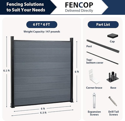 6x6Ft Outdoor Privacy Fence, Wind Resistant, Wood Plastic Composite Fence Panel with 2 Posts, Yard and Garden Fencing