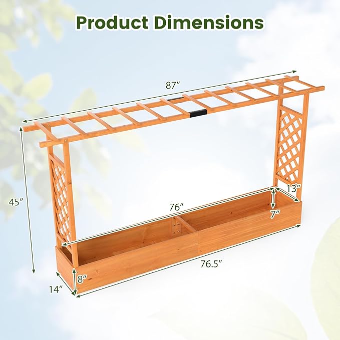 S AFSTAR Raised Garden Bed with Trellis, 2 Pieces Fir Wood Planter Box with Flat Roof & Drainage Holes, Vertical Planter Raised Bed for Climbing Plants, Flowers & Vegetables, 87" x 14" x 45" (Orange)