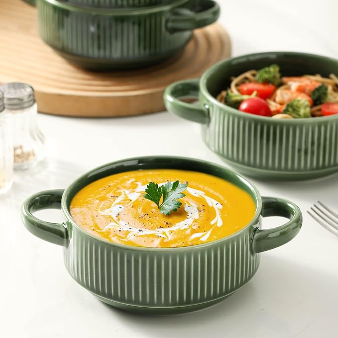 Soup Bowls with Handles, 23 oz French Onion Soup Crocks, Stackable Soup Bowl Oven Safe for Chili, Beef Stew, Embossment Ceramic Bowl Set - 5.4 Inch, Set of 4 (Green)