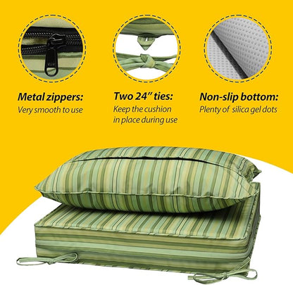 AAAAAcessories Outdoor Seat Cushions for Chairs, Fade-Resistant, Waterproof Patio Furniture Replacement Cushions, 25.5" x 25.5" x 5" + 25.5" x 19", Mossy Forest Stripe