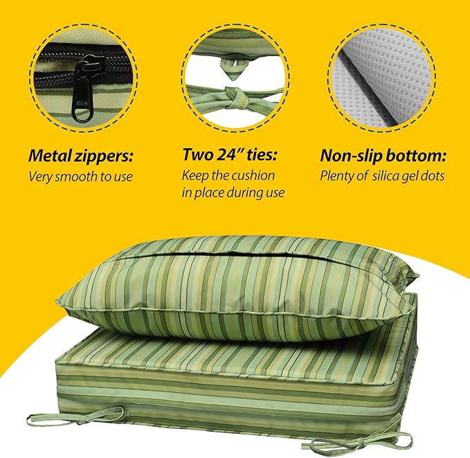 AAAAAcessories Outdoor Seat Cushions for Chairs, Fade-Resistant, Waterproof Patio Furniture Replacement Cushions, 21" x 21" x 3" + 21" x 17", Mossy Forest Stripe