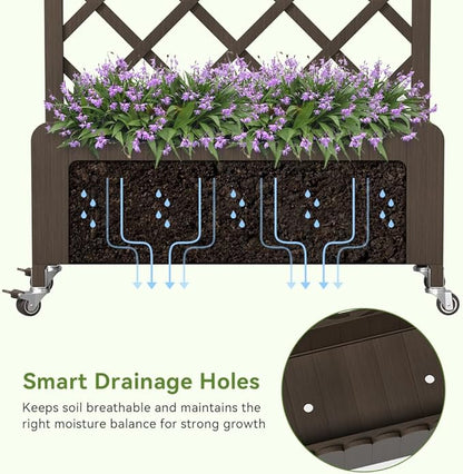 COMHOMA 2 Pack Raised Garden Bed with Trellis and Wheels,48Inch Elevated Planter Box with Drainage Holes,Lattice Privacy Screen for Climbing Plants Vegetables,Outdoor for Patio Balcony Yard,Brown