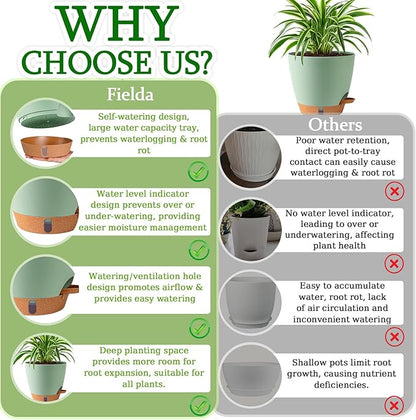 Self Watering Pots for Inoor Ourdoor Plants 10/9/8/7/6.5 Inch Plastic Planters with Drainage Holes & Water Level Indicator, Decorative House Flower Nursery Planting Pots with Saucers(Green)