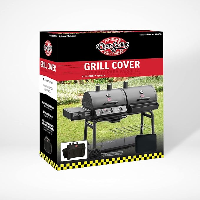 Char-Griller® 3-Burner Dual Fuel Expandable Propane Gas and Charcoal Outdoor Polyester Grill and Smoker Cover in Black, 29in x 65in x 49in, Model 8080