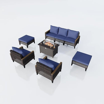 8 Pieces Outdoor Patio Furniture Set, Wicker Rattan Conversation Set with Fire Pit Table and Foot Rest, Sectional Modular Sofa Couches Chairs Ottomans for Deck, Balcony, Backyard, Yard (Blue Cushions)