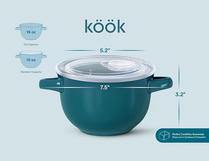 KooK French Onion Soup Bowls, Crocks, Oven Safe Bowls, Soup Mugs, Ceramic Bowls, Dishwasher, Microwave, Set of 4, 18 oz (Teal)