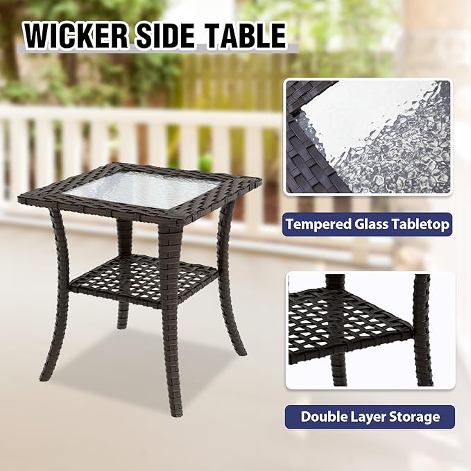 COOS BAY Stone Harbor Patio Bistro Set, 3 Piece Rattan Patio Table and Chairs Set, Wicker Swivel Rockers with Side Table, Small Balcony Furniture Set, Brown/Blue