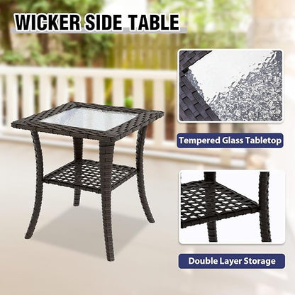 COOS BAY Stone Harbor Patio Bistro Set, 3 Piece Rattan Patio Table and Chairs Set, Wicker Swivel Rockers with Side Table, Small Balcony Furniture Set, Brown/Blue