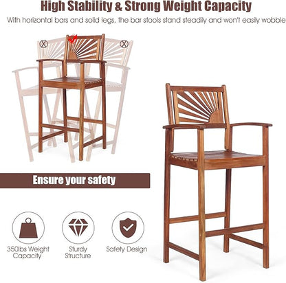 COSTWAY Bar Stools Set of 2, Outdoor Acacia Wood Bar Chairs with Sunflower Backrest, Curved Armrests & Breathable Seat, Ideal for Balcony, Sunroom, Patio, Easy Assembly