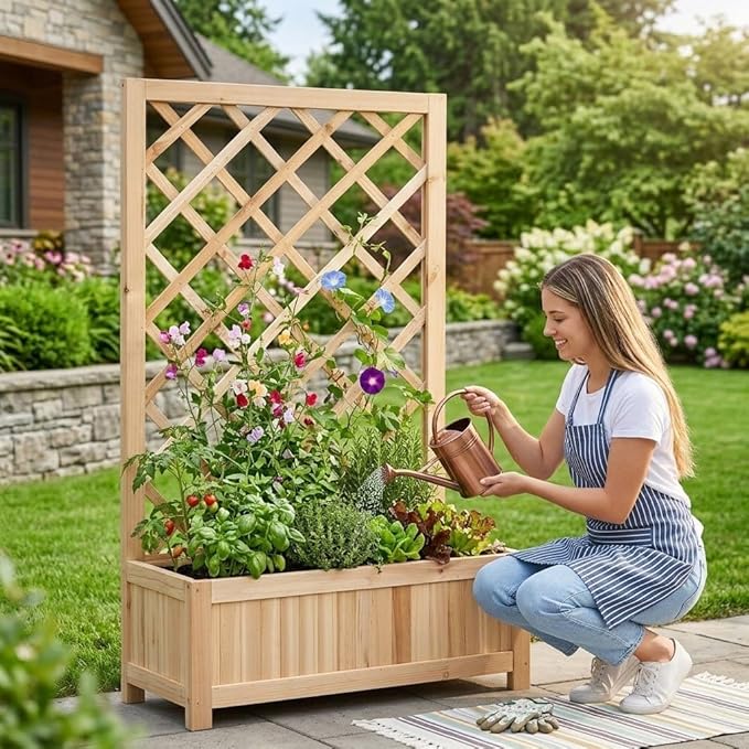 Wooden Raised Garden Bed with Trellis, 40" Outdoor Planter Box for Climbing Plants, Vertical Natural Wood Garden Planter for Vegetables, Flowers & Vines, Lattice Plant Support for Patio Yard Balcony